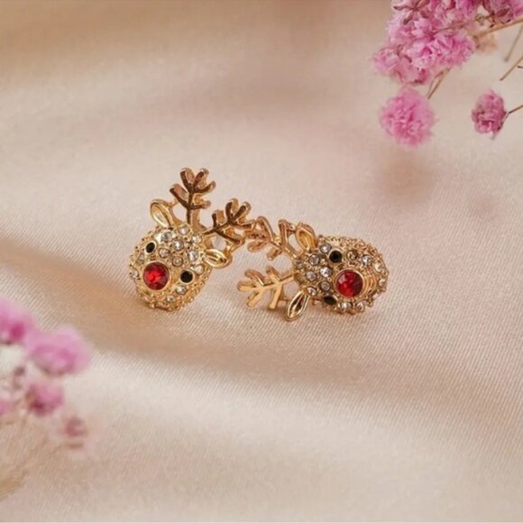 Rhinestone Reindeer Stud Earrings | Gold-Tone Deer Head Christmas Jewelry 🦌 - Picture 3 of 5
